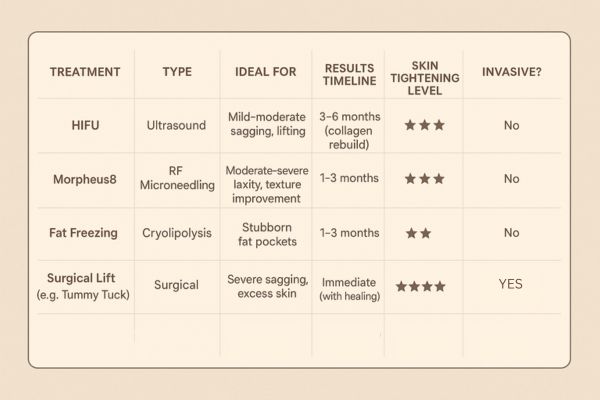 Table showing the comparisons of Skin tightening Smethwick treatment options.